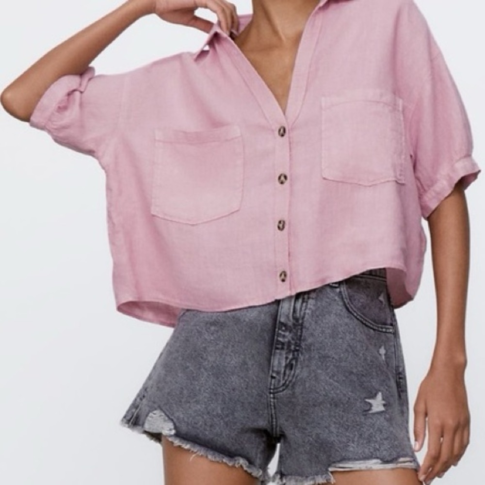ZARA Pink linen Button-Up Shirt